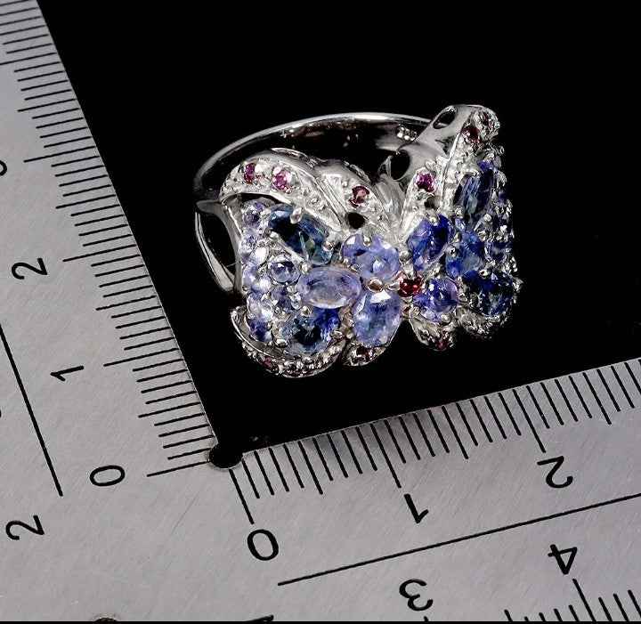 Sterling Silver Ring with Blue Kyanite, Tanzanite & Rhodolite Garnet