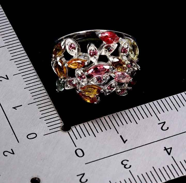 925 Sterling Silver Multicolored Tourmaline & Rhodolite Garnet Ring - 14K White Gold Plated