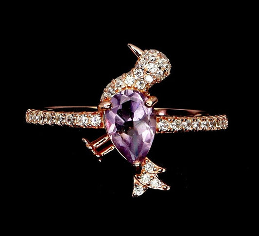 925 Sterling Silver Amethyst Swan Ring - 14k Rose Gold Plated