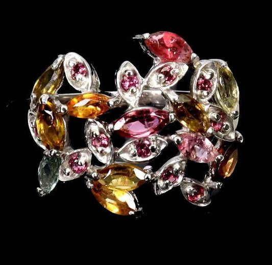 925 Sterling Silver Multicolored Tourmaline & Rhodolite Garnet Ring - 14K White Gold Plated