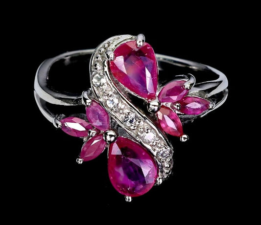 Natural Ruby Butterfly Ring - 925 Sterling Silver with White Gold Plating
