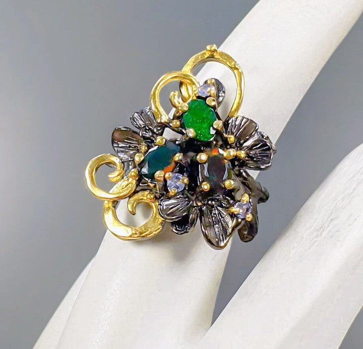 Multicolor Black Opal and Topaz Ring - 925 Sterling Silver with Gold and Black Rhodium Plating