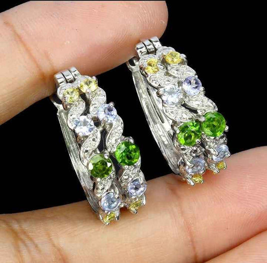 Multi-Gemstone Sterling Silver Hoop Earrings - Chrome Diopside, Aquamarine & Sapphire