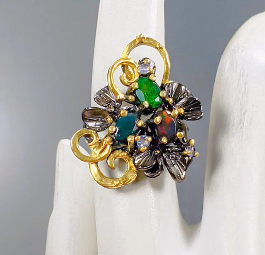 Multicolor Black Opal and Topaz Ring - 925 Sterling Silver with Gold and Black Rhodium Plating