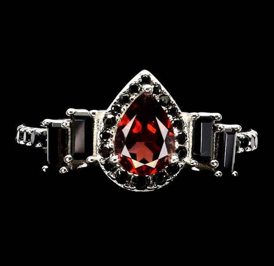 Mozambique Garnet Ring Pear Cut - 925 Sterling Silver 14k White Gold Plated