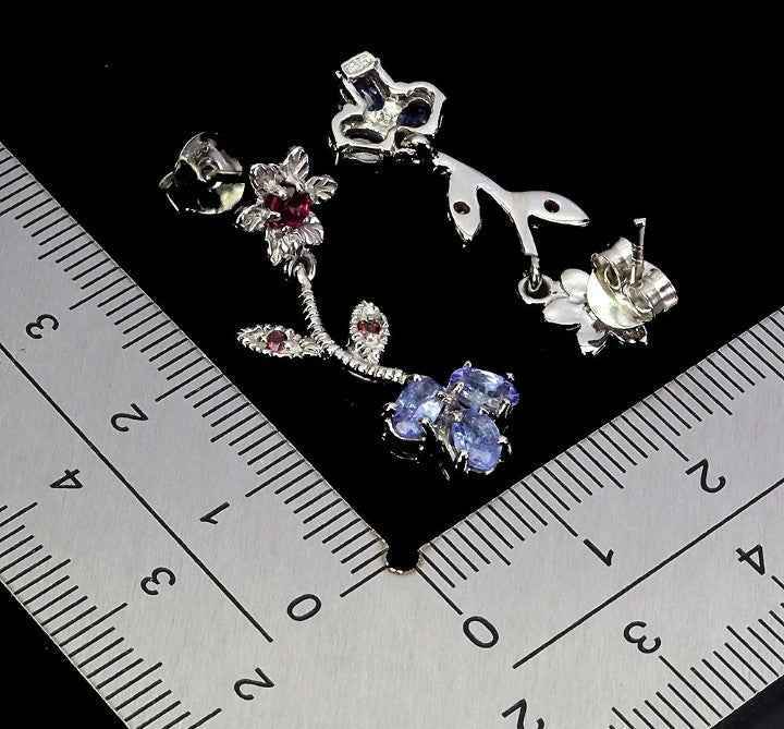 Tanzanite & Rhodolite Garnet Flower Earrings - 925 Sterling Silver with 14K White Gold Plating