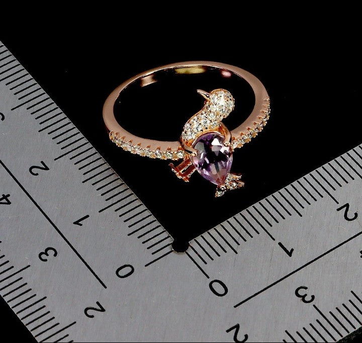 925 Sterling Silver Amethyst Swan Ring - 14k Rose Gold Plated