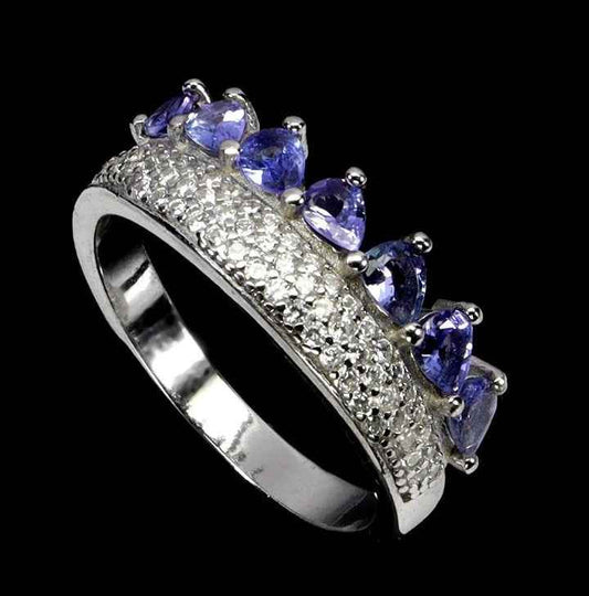 Natural Tanzanite Sterling Silver Ring - 14k White Gold Plated