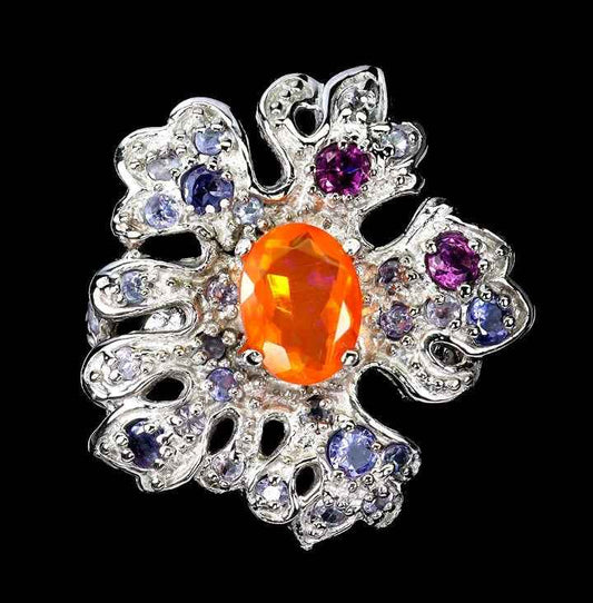 Sterling Silver Ring with Orange Opal, Rhodolite Garnet & Tanzanite