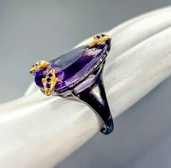 Sterling Silver Amethyst Ring with Black Rhodium and Gold Plating