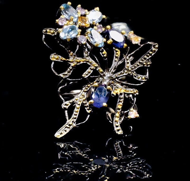Blue Topaz & Sapphire Floral Ring - 925 Sterling Silver with Black Rhodium & Gold Plating