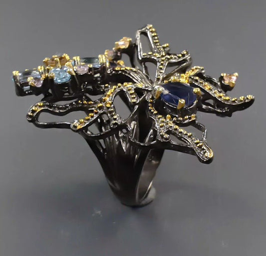 Blue Topaz & Sapphire Floral Ring - 925 Sterling Silver with Black Rhodium & Gold Plating