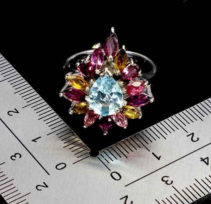 Sterling Silver 925 Ring with Sky Blue Topaz, Tourmaline and Rhodolite Garnet