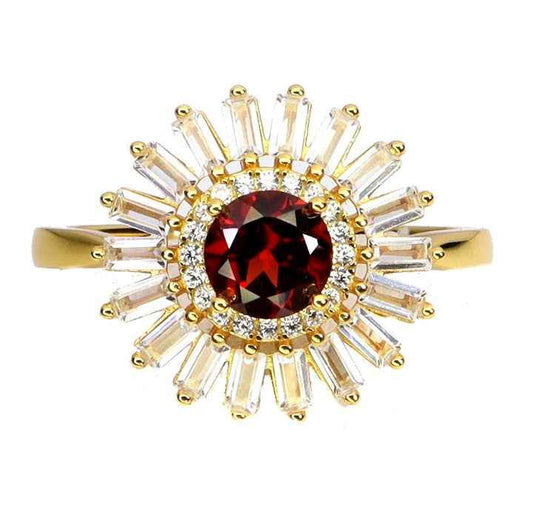 Mozambique Garnet Sterling Silver Ring - 14k Gold Plated Sunburst Design