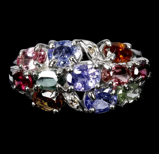 Multi-Gemstone Sterling Silver Ring with Tanzanite, Garnet, Sapphire & Tourmaline