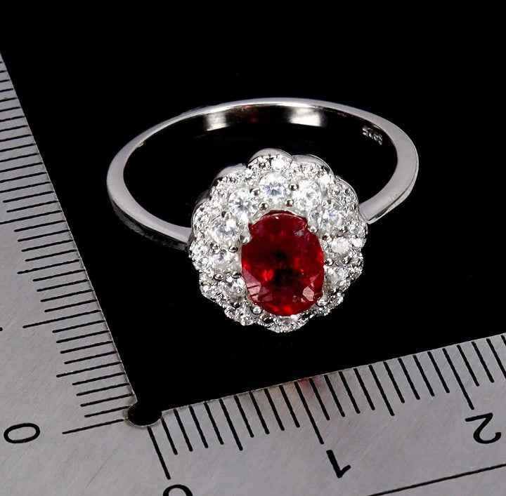 925 Sterling Silver Ruby Ring - 14k White Gold Plated Oval Cut Madagascar Ruby with CZ Halo