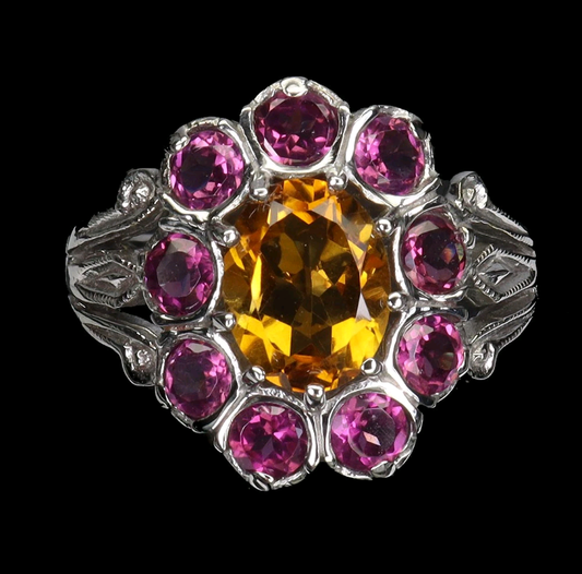 Side view of 925 sterling silver ring featuring natural citrine and rhodolite garnet gemstones - handcrafted cocktail ring size 8