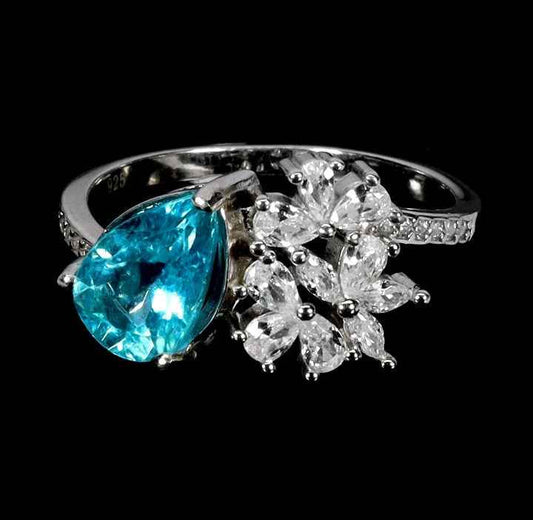 Blue Apatite Pear Cut Ring - 925 Sterling Silver with 14k White Gold Plating