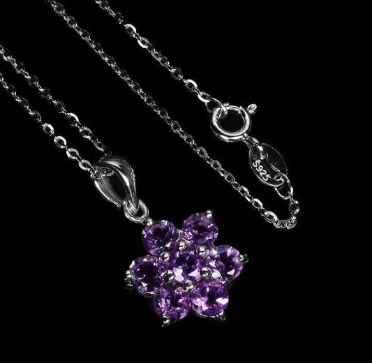 Sterling Silver Amethyst Flower Necklace - 14k White Gold Plated