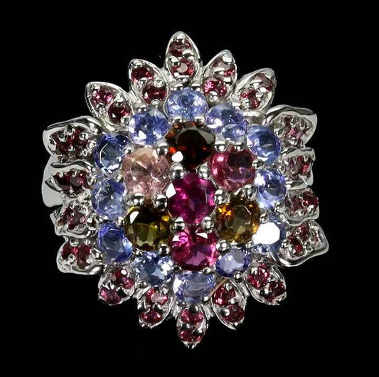 Sterling Silver Multi-Gemstone Flower Ring - Rhodolite Garnet, Tanzanite & Tourmaline