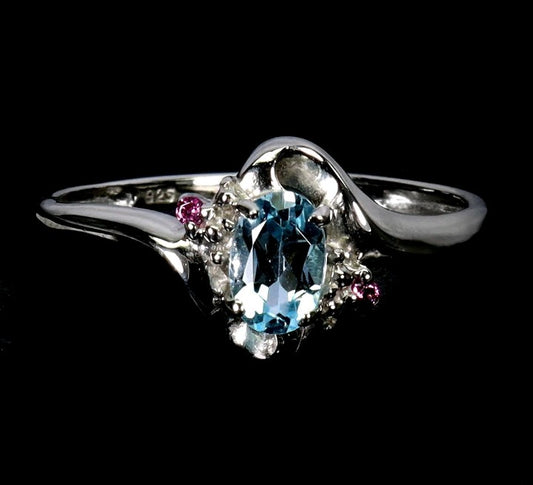 Natural Aquamarine & Rhodolite Garnet Ring - 925 Sterling Silver with 14k White Gold Plating