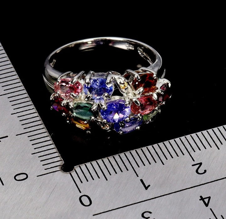 Multi-Gemstone Sterling Silver Ring with Tanzanite, Garnet, Sapphire & Tourmaline