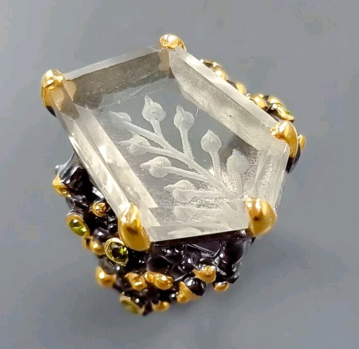 Green Amethyst Ring with Peridot - Sterling Silver Black Rhodium and Gold Plated