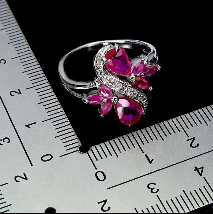 Natural Ruby Butterfly Ring - 925 Sterling Silver with White Gold Plating