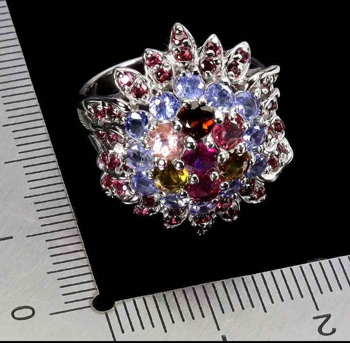 Sterling Silver Multi-Gemstone Flower Ring - Rhodolite Garnet, Tanzanite & Tourmaline