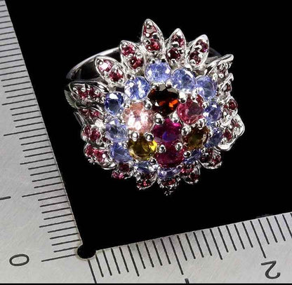 Sterling Silver Multi-Gemstone Flower Ring - Rhodolite Garnet, Tanzanite & Tourmaline