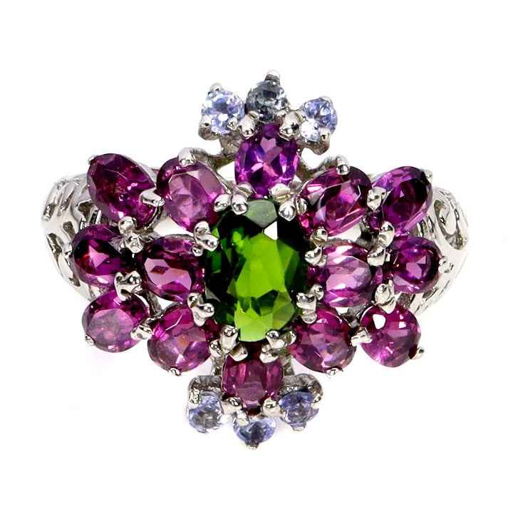 925 Sterling Silver Multi-Gemstone Ring - Chromium Diopside, Rhodolite Garnet & Tanzanite