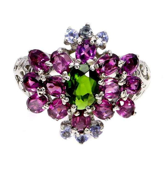 925 Sterling Silver Multi-Gemstone Ring - Chromium Diopside, Rhodolite Garnet & Tanzanite