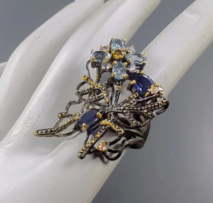 Blue Topaz & Sapphire Floral Ring - 925 Sterling Silver with Black Rhodium & Gold Plating
