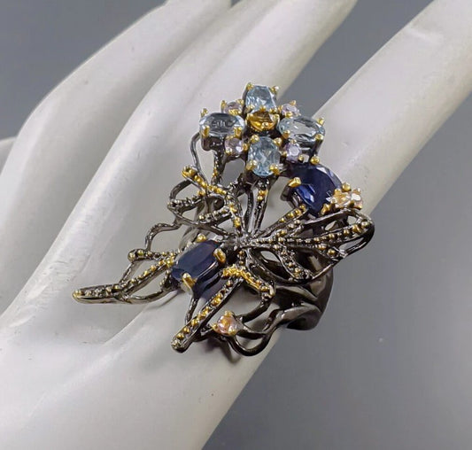 Blue Topaz & Sapphire Floral Ring - 925 Sterling Silver with Black Rhodium & Gold Plating