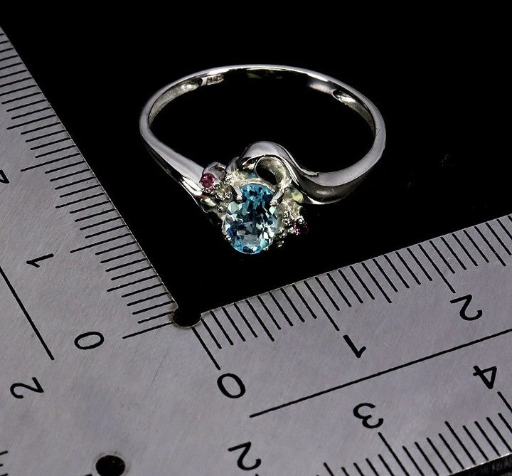 Natural Aquamarine & Rhodolite Garnet Ring - 925 Sterling Silver with 14k White Gold Plating