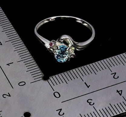 Natural Aquamarine & Rhodolite Garnet Ring - 925 Sterling Silver with 14k White Gold Plating