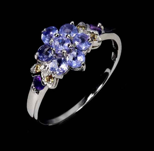 Tanzanite Amethyst Sapphire Ring - 925 Sterling Silver 14k White Gold Plated