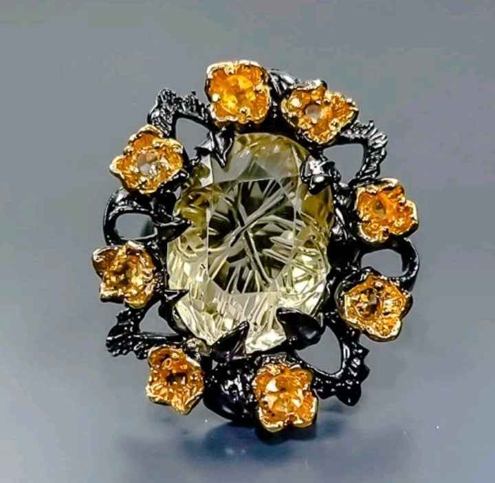 Lemon Quartz and Peridot Ring - 925 Sterling Silver with Black Rhodium and Gold Plating