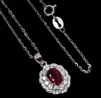 Sterling Silver Ruby Necklace - Natural Gemstone White Gold Plated 18 Inch