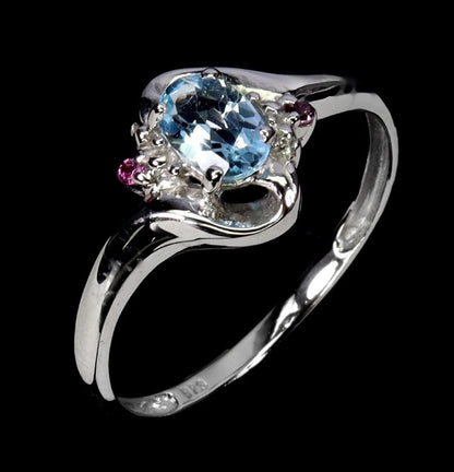 Natural Aquamarine & Rhodolite Garnet Ring - 925 Sterling Silver with 14k White Gold Plating
