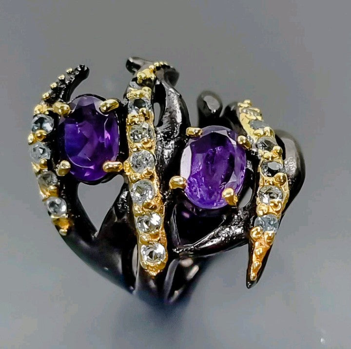 Black Rhodium & Gold Plated Amethyst Ring with Topaz Accents