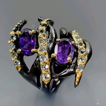 Black Rhodium & Gold Plated Amethyst Ring with Topaz Accents