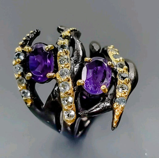 Black Rhodium & Gold Plated Amethyst Ring with Topaz Accents