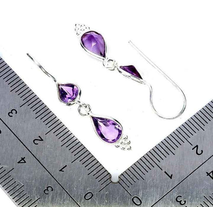 Sterling Silver 925 Amethyst Teardrop Earrings - Brazilian Gemstone