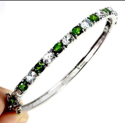 Sterling Silver Bracelet with Aquamarine and Chrome Diopside - 14k White Gold Plated