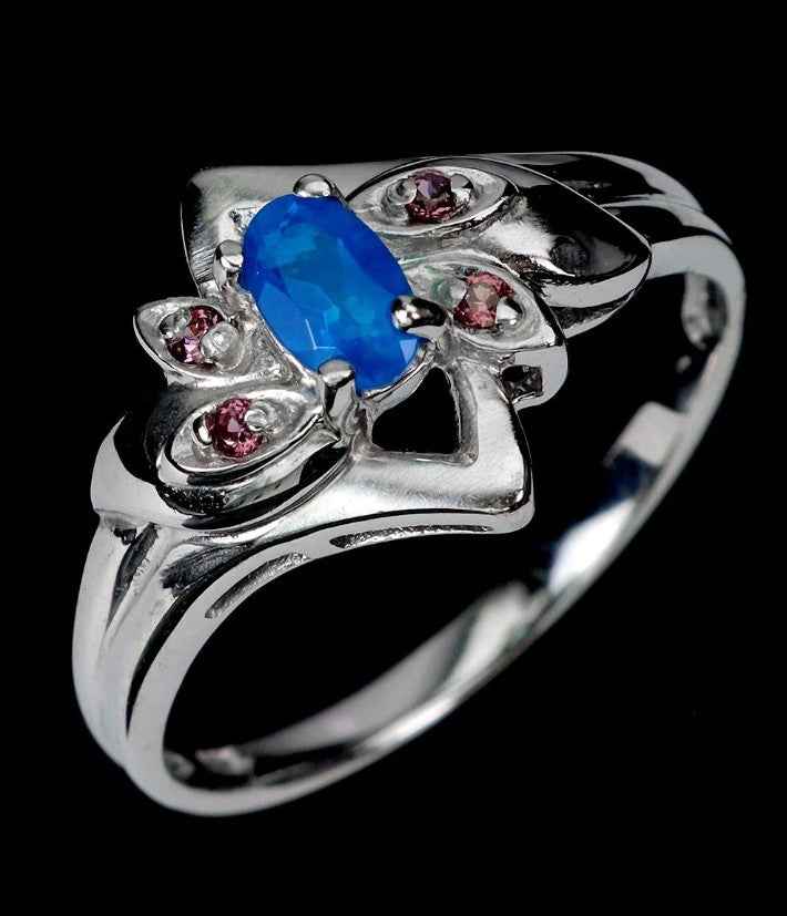 Sterling Silver Blue Opal Ring with Rhodolite Garnet - 14k White Gold Plated