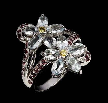 Sterling Silver Aquamarine Flower Ring with Rhodolite Garnet and Sapphire