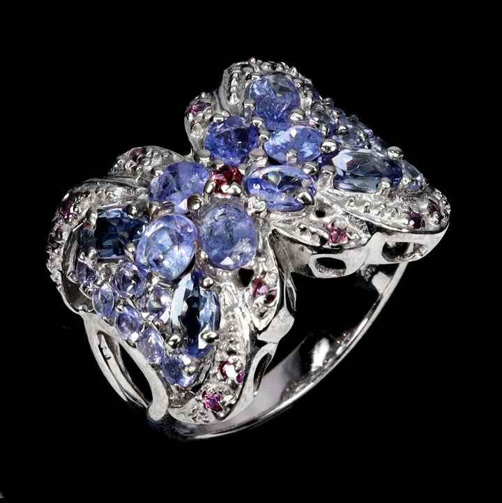 Sterling Silver Ring with Blue Kyanite, Tanzanite & Rhodolite Garnet