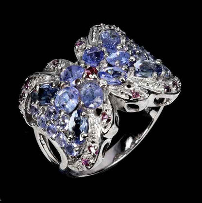 Sterling Silver Ring with Blue Kyanite, Tanzanite & Rhodolite Garnet