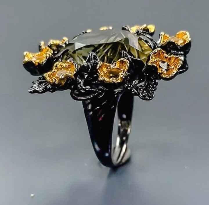 Lemon Quartz and Peridot Ring - 925 Sterling Silver with Black Rhodium and Gold Plating
